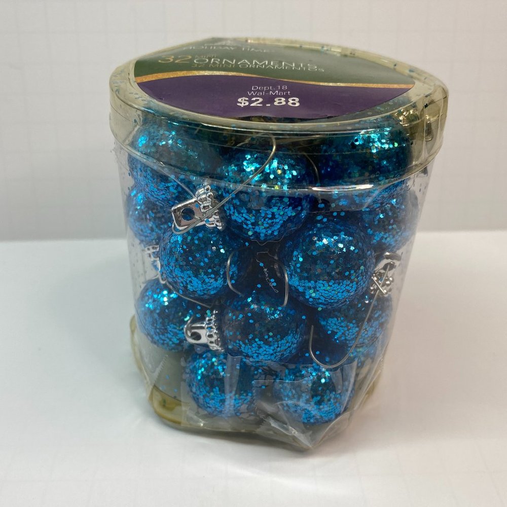 Vintage Blue Glitter Christmas Ornaments Lot of 32 Balls